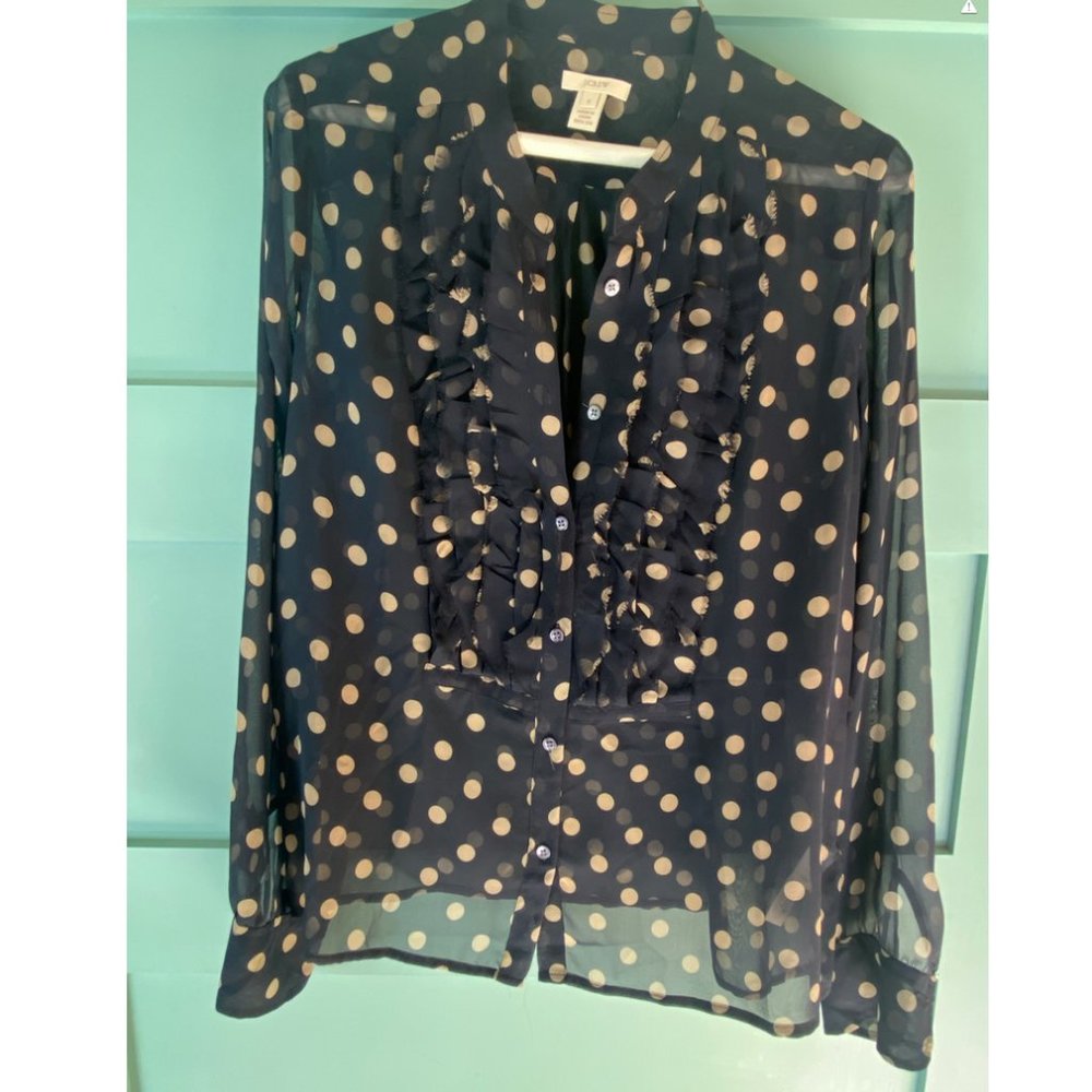 J Crew Semi Sheer Navy Polka Dot Blouse